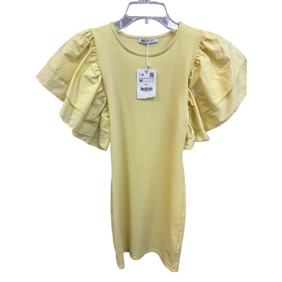 Zara Dresses & Skirts - Zara Yellow Dress Ruffle Sleeve Knit Mini Dress Short Sleeve Size M
